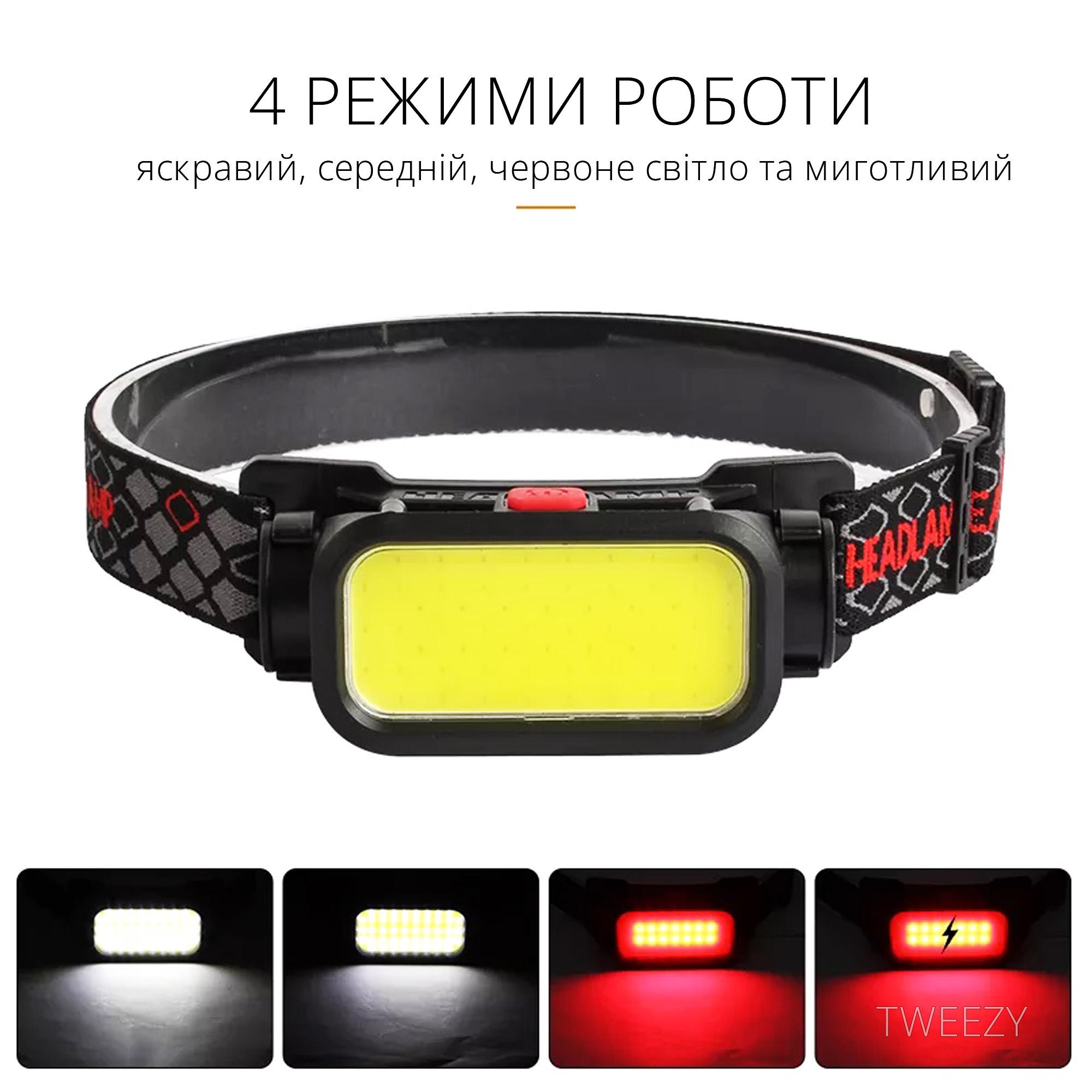 Ліхтар налобний акумуляторний LED COB Headlight з червоним світлом Чорний (00068) - фото 3