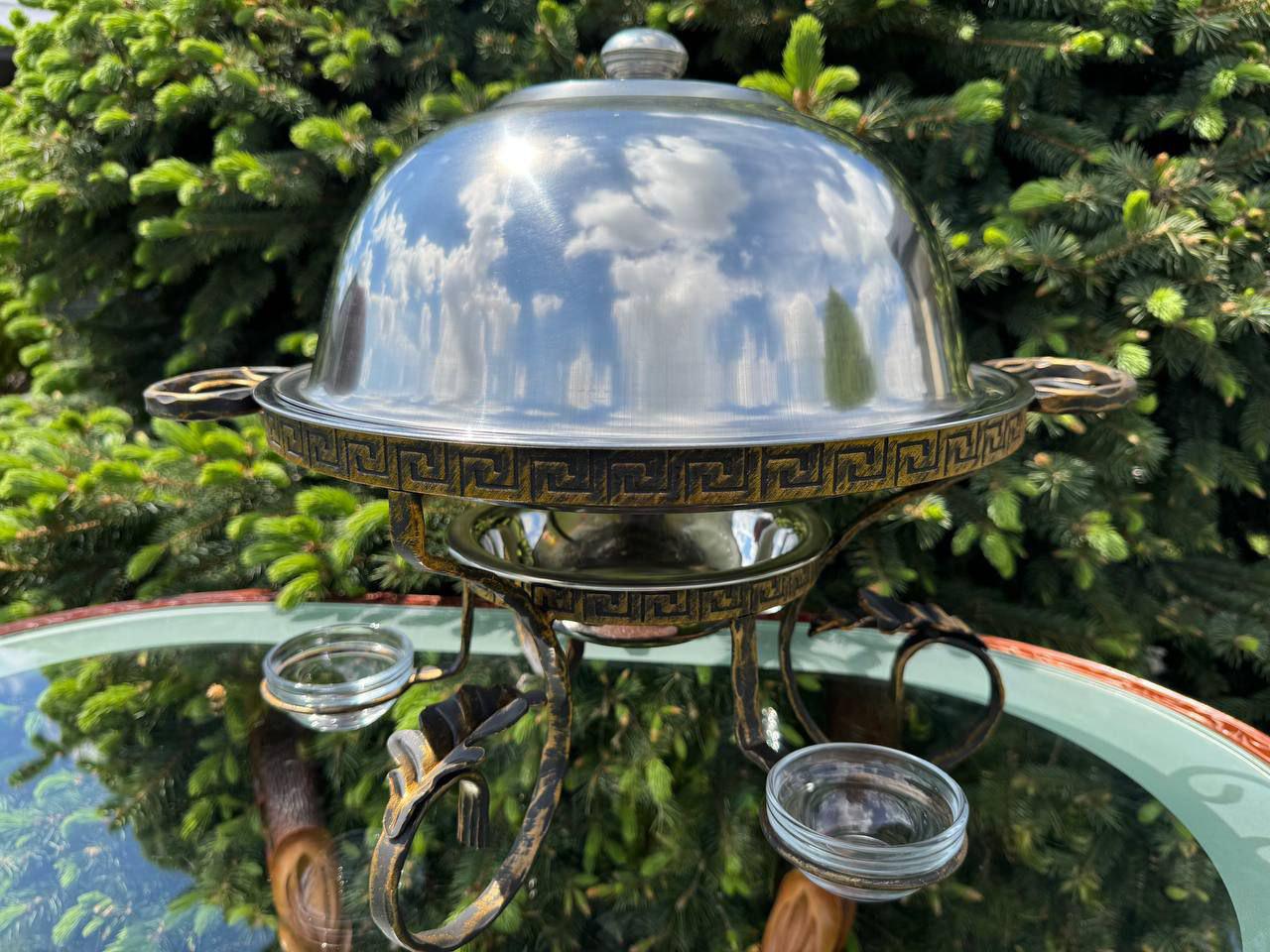 Садж для шашлику Греція 36 см з 3 соусницями та підігрівом кований круглий ручної роботи для м'яса риби овочів гриль