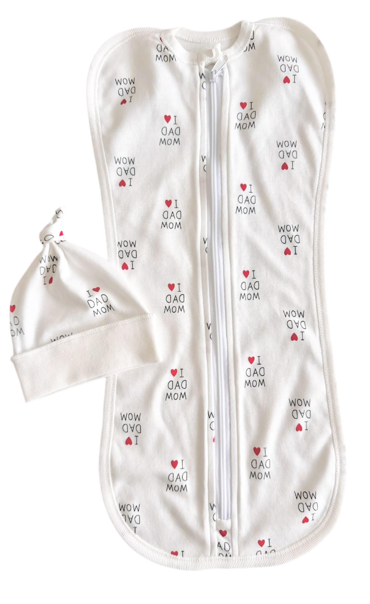 Пелюшка-кокон на блискавці євро з шапочкою I Love Dad Mom інтерлок №60 0-6 міс. Білий (143222)