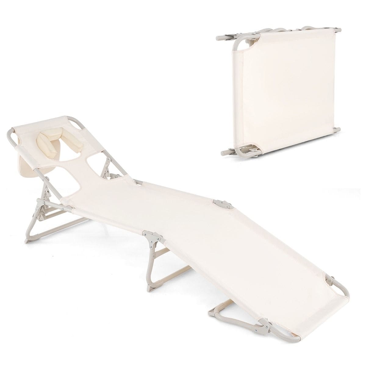 Шезлонг садовый складной с регулировкой на металлическом каркасе 56x190x62 см. Бежевый (COSTWAY-01153)