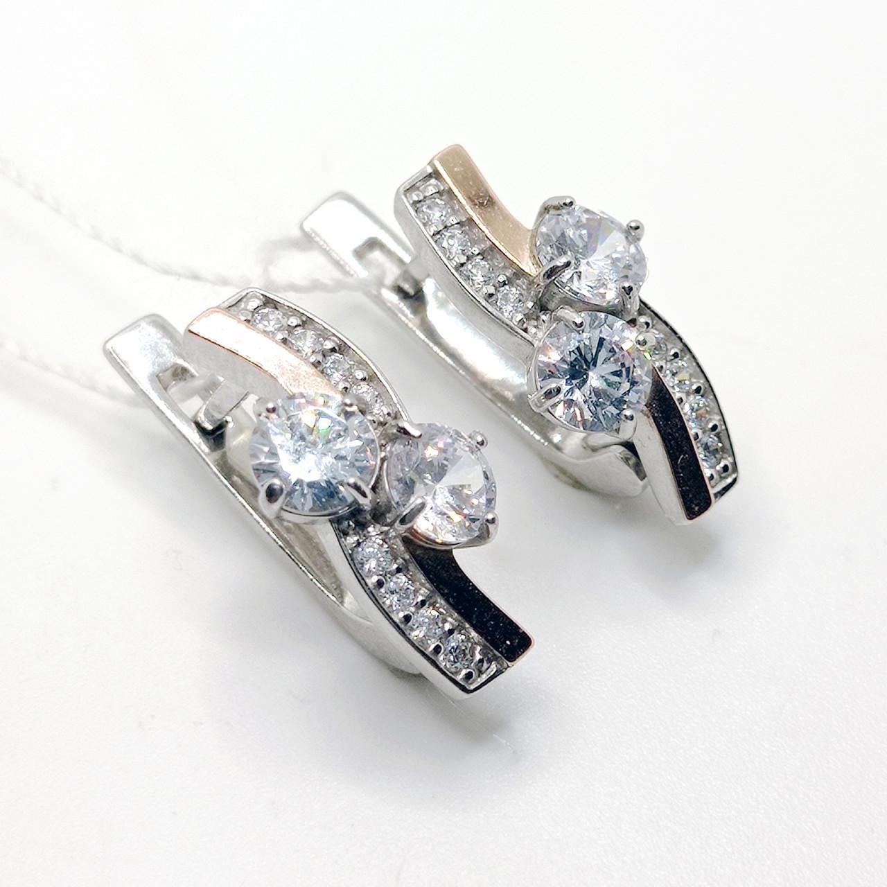 Серьги серебро родий и золотая накладка с белыми камнями 925° 5,17 г (728С)