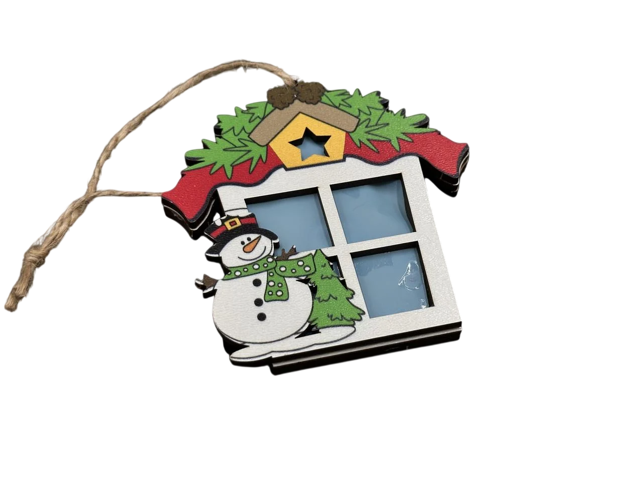 Іграшка ялинкова новорічна Будиночок зі сніговиком з підсвічуванням з фанери 95х95х10 мм Різнокольоровий (NR-125)