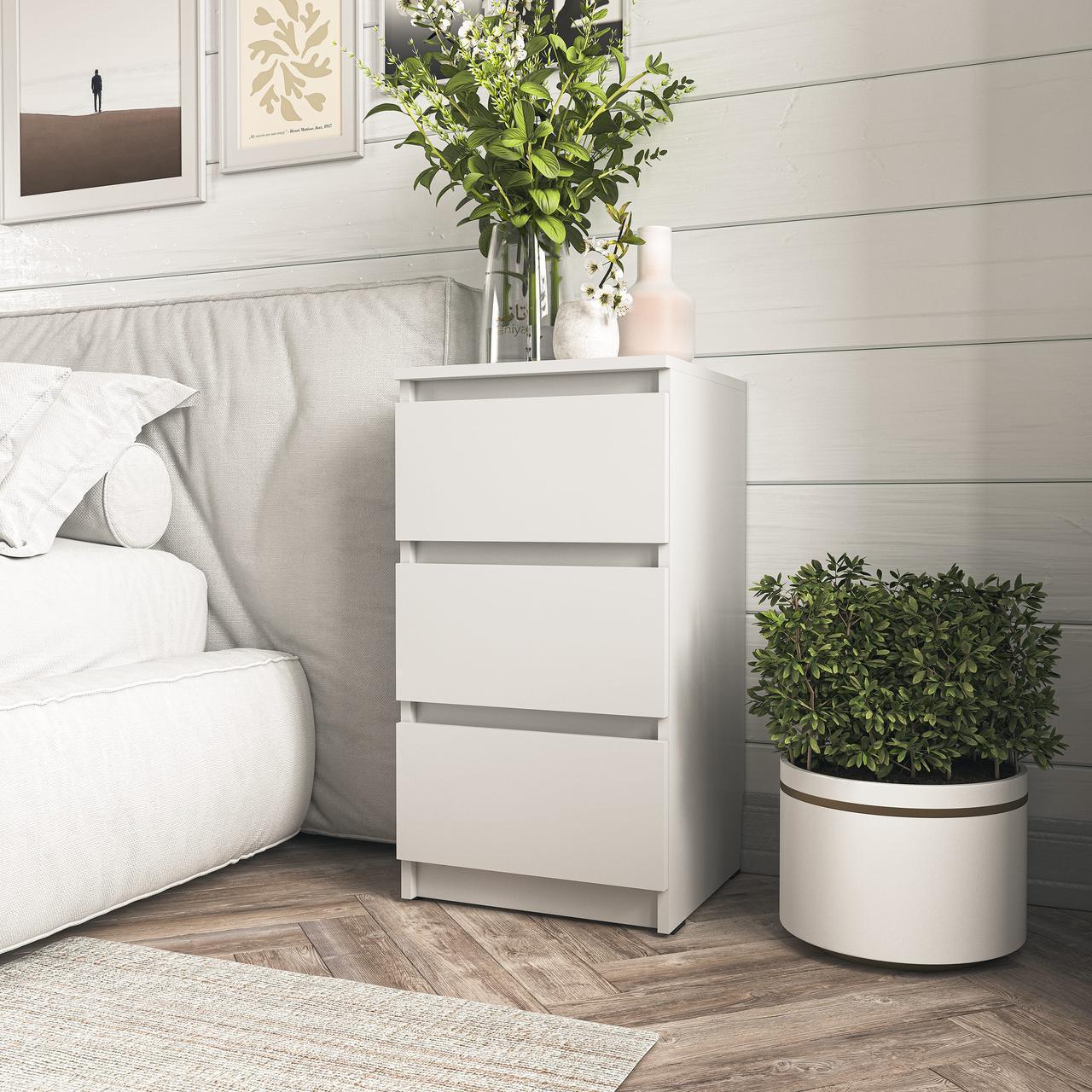 Тумба прикроватная с тремя ящиками и скрытыми ручками Белый (T-216)