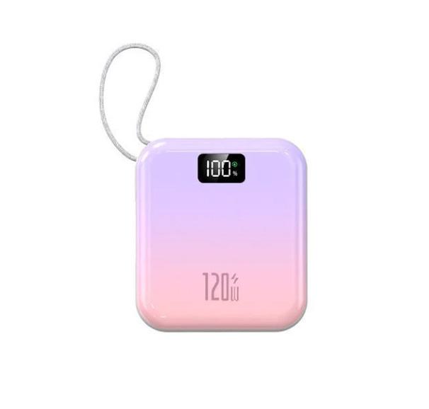 Повербанк мини 10000 mAh с быстрой зарядкой 22,5W с Power Delivery 20W и встроенными кабелями Lightning и Type-C Purple