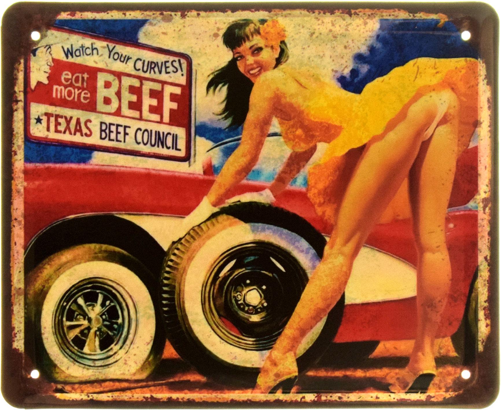 Табличка металлическая "Watch Your Curves Eat More Beef Texas Beef Council Pin Up" 18x22 см (ms-103946)