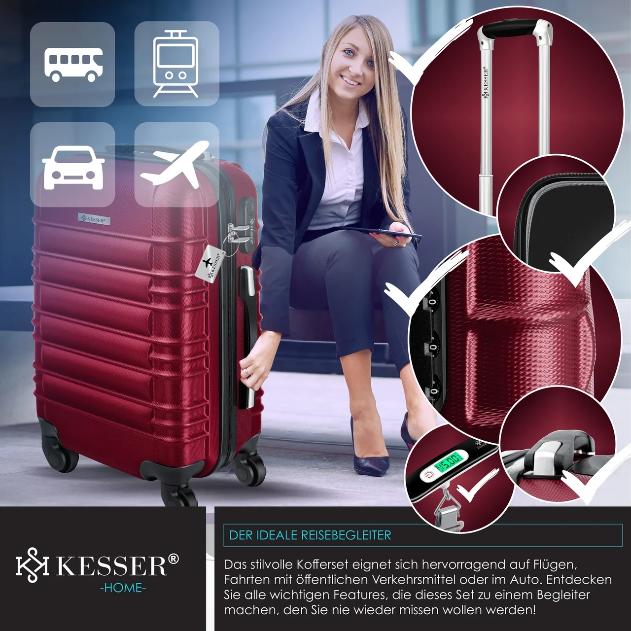 Набір із 4 дорожніх валіз KESSER з твердим корпусом S M/L/XL Бордовий - фото 7