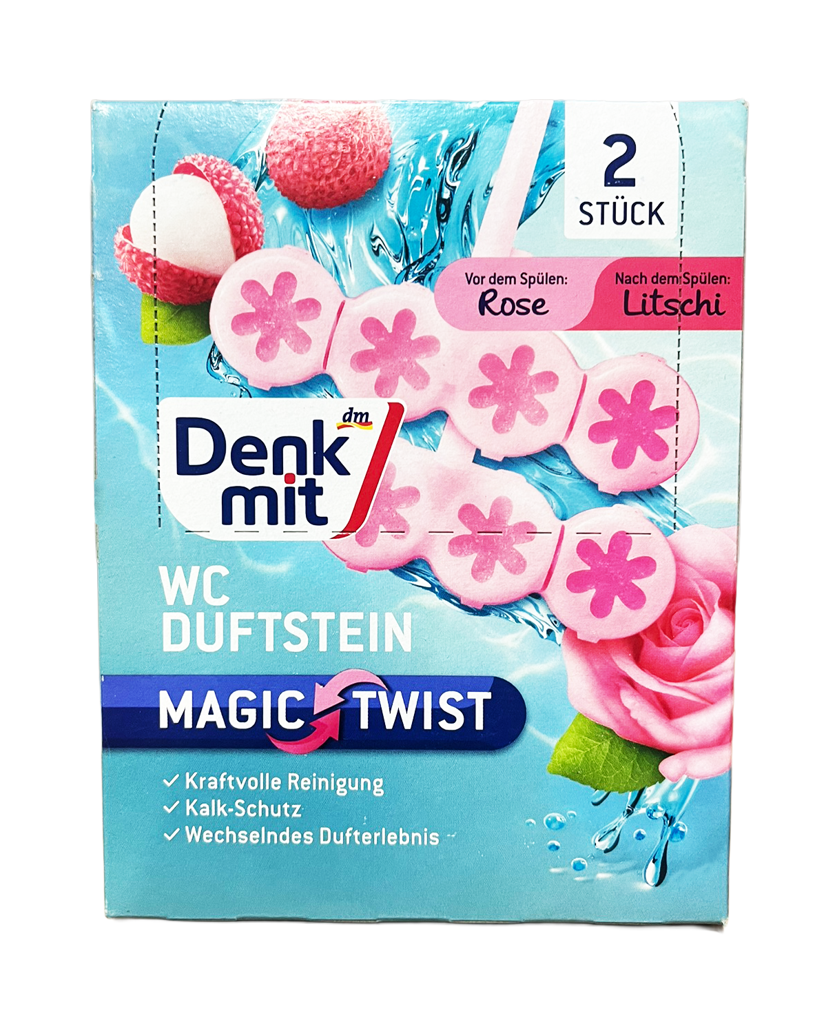 Блок для унитаза ароматический Denkmit WC Duftstein Magic Twist Rose/Litschi 2х48 г (133356)