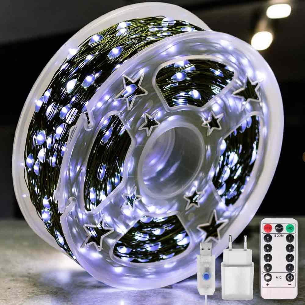 Гирлянда светодиодная нить Роса 50 м с пультом 500LED от USB и сети 220V зеленый провод Холодный белый