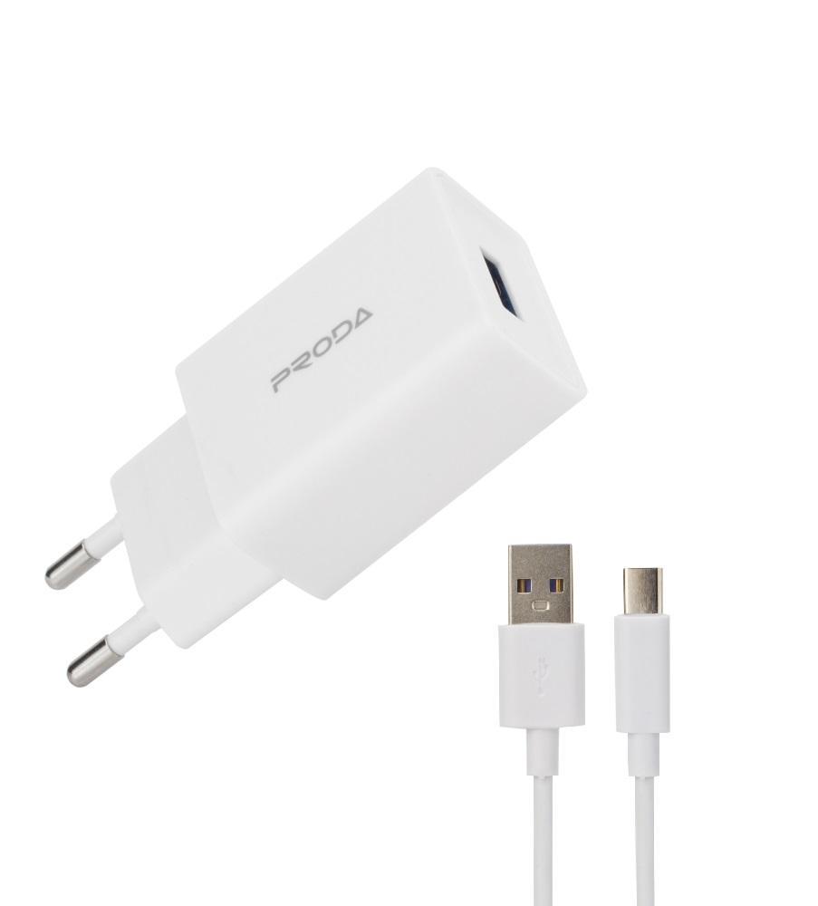 Сетчатое зарядное устройство Proda PD-A43a USB 2,4A + USB Type-C кабель 1 м White Сетчатое зарядное устройство Proda PD-A43a USB 2,4A + USB Type-C кабель 1 м White
