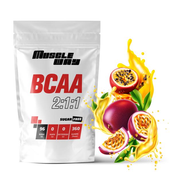 Комплекс аминокислот для роста мышц и сушки MuscleWay ВСАА 2:1:1 Sugar Free Маракуйя в порошке на 50 порций 500 г (21-125-bcaa-mw-rs500.m) - фото 1