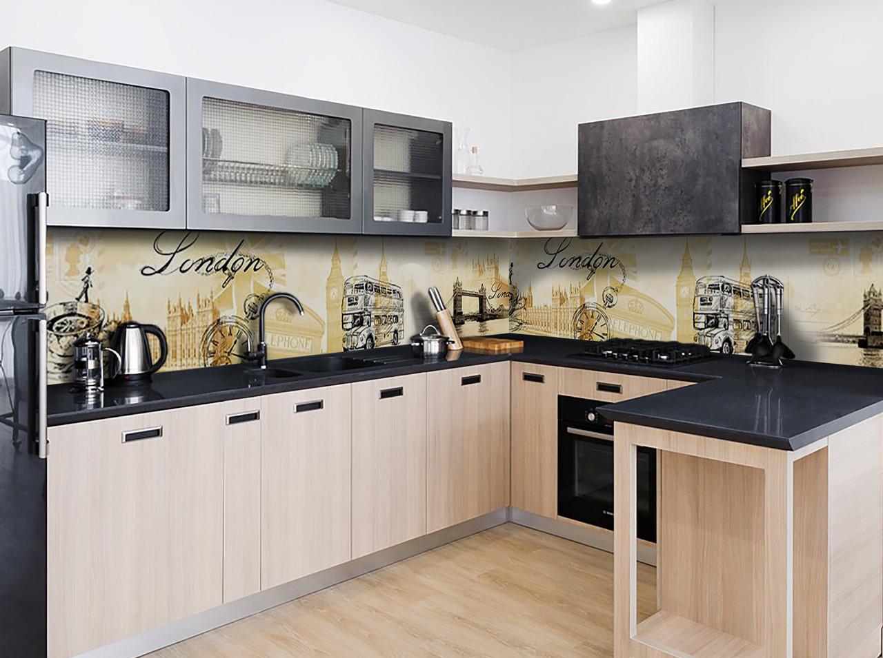 Кухонный фартук Лондон/коллаж/винтаж из самоклеющейся виниловой пленки 60х250 см Бежевый