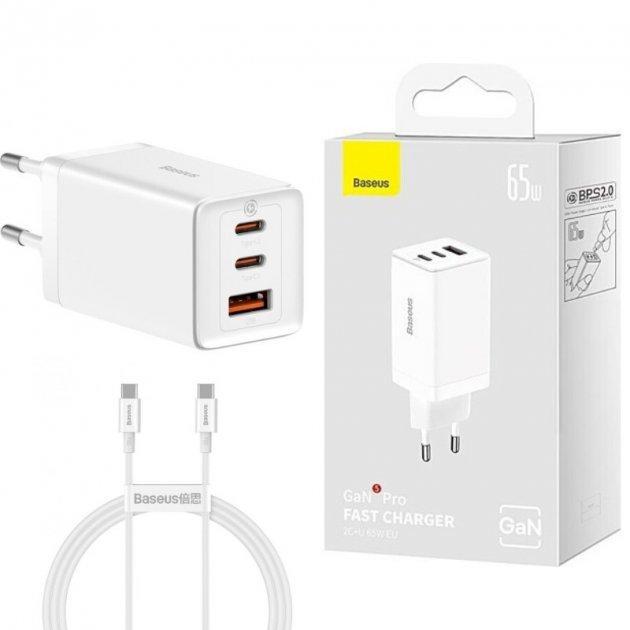 Сетевое зарядное устройство BASEUS GaN5 Pro Fast Charger 2C/U Type-C to Type-C 65W White (CCGP120202) - фото 4