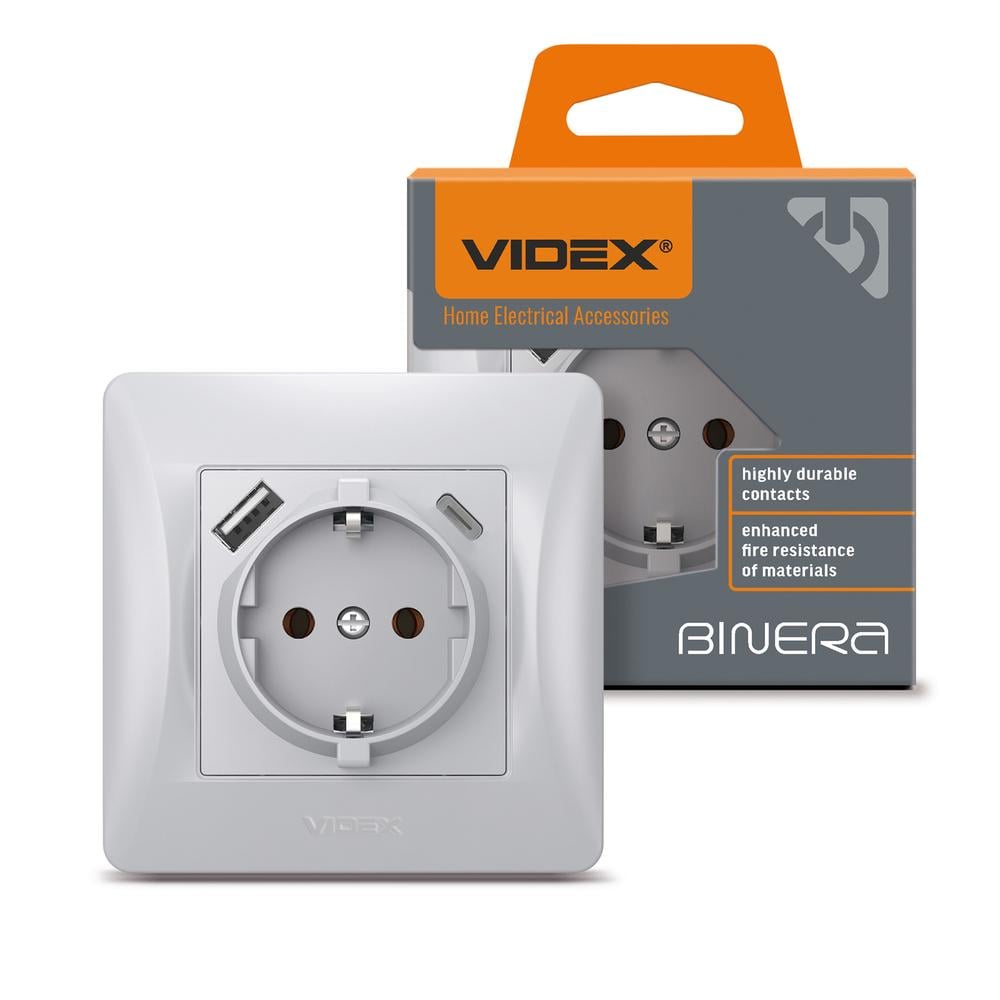 Розетка одинарная Videx Binera с заземлением с USB+USB-C Серебряный шелк (12114)