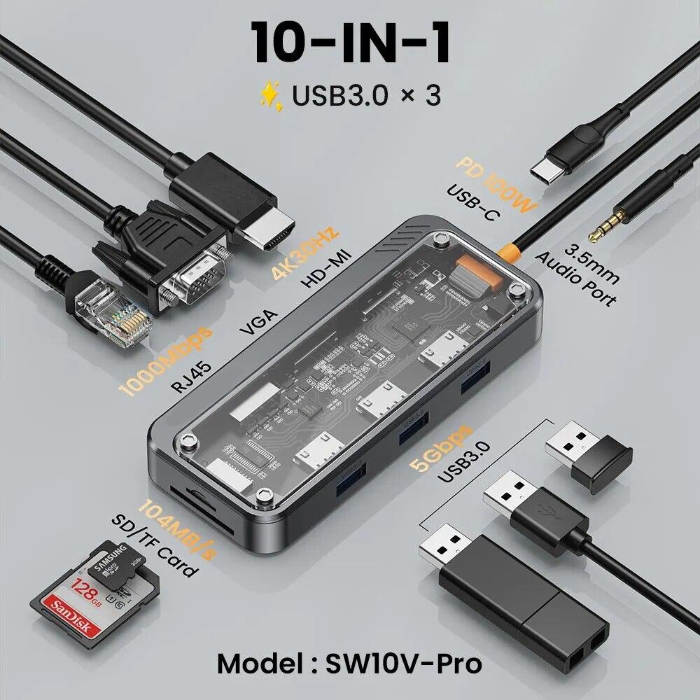 USB-хаб 10в1 PD100W USB 3.0/RJ45/Type-C (14023044) - фото 2