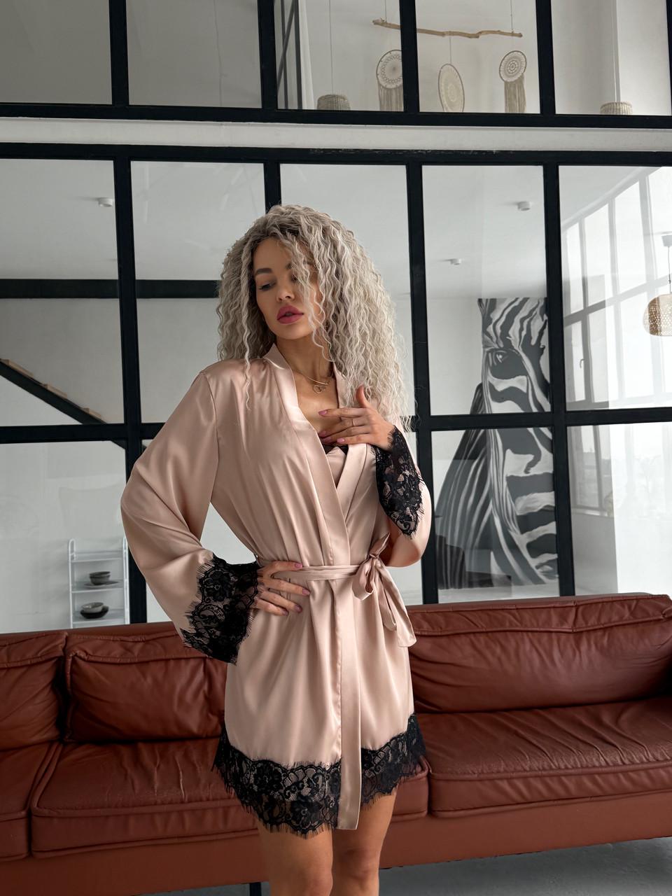 Халат женский шелковый с кружевом Персиковый (2533884047) - фото 9