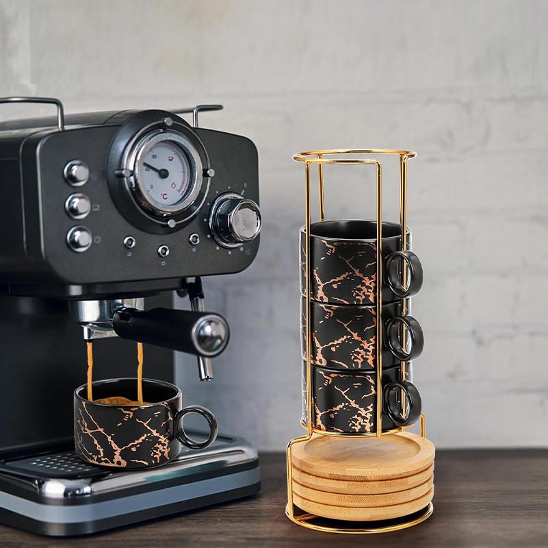 Набор чашек Lesko Мраморная роскошь с бамбуковым блюдцем/подставкой/ложкой 4 шт. Black (24366692) - фото 4 Набор чашек Lesko Мраморная роскошь с бамбуковым блюдцем/подставкой/ложкой 4 шт. Black (24366692) - фото 4