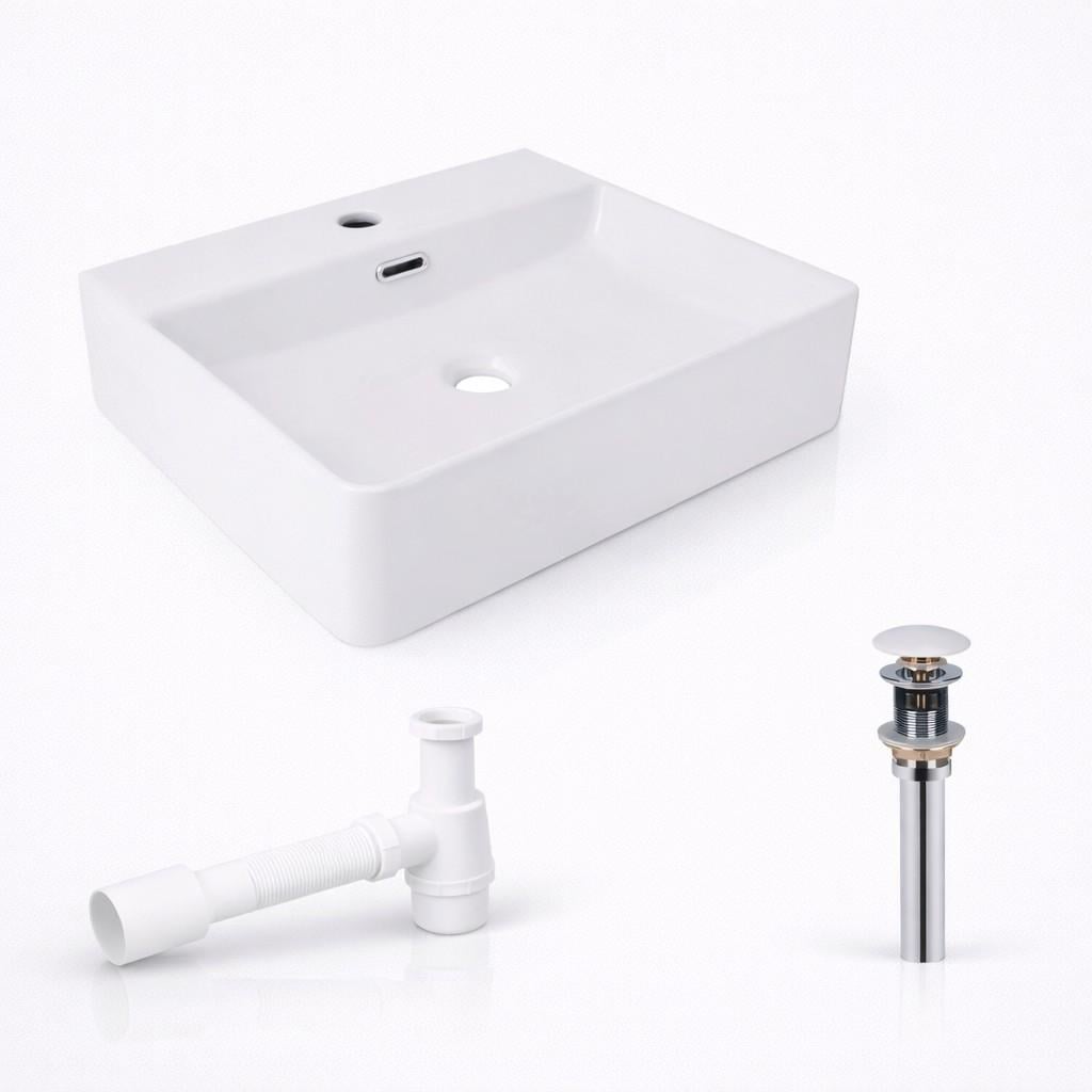 Комплект Qtap Nando LT 500×420 White підвісна раковина прямокутна/донний клапан PU02O/сифон (47323-1)