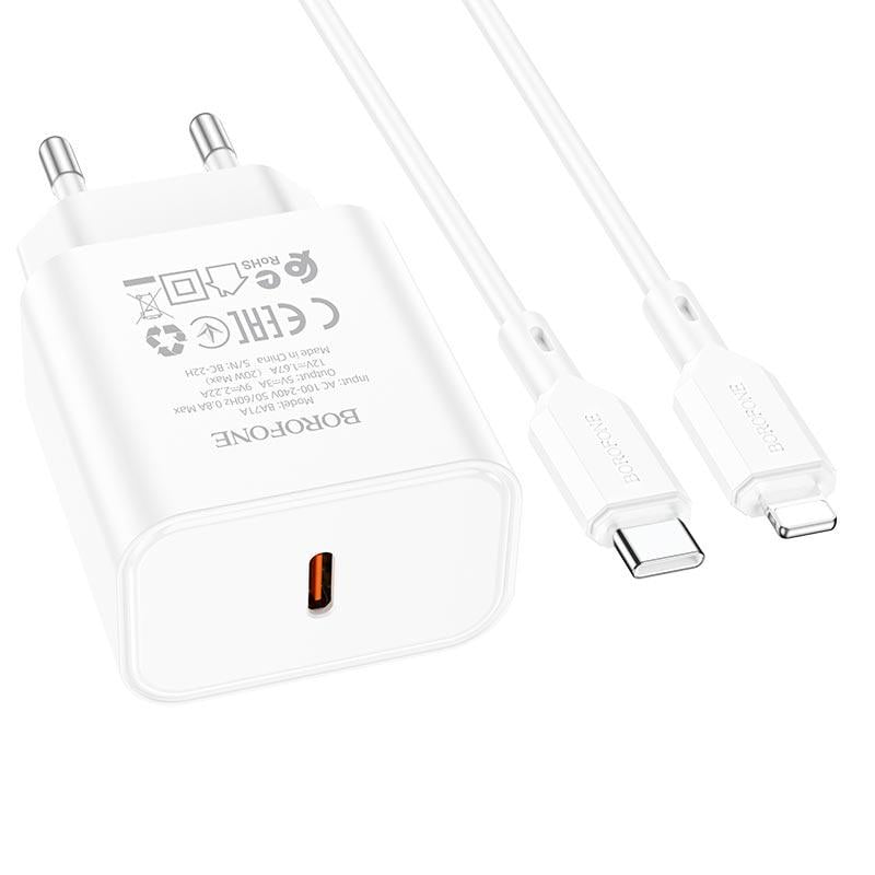 Зарядний пристрій Borofone Type-C to Lightning Cable Power single port charger set BA71A 1Type-C 20 W 3 A PD/QC White (568668) - фото 2