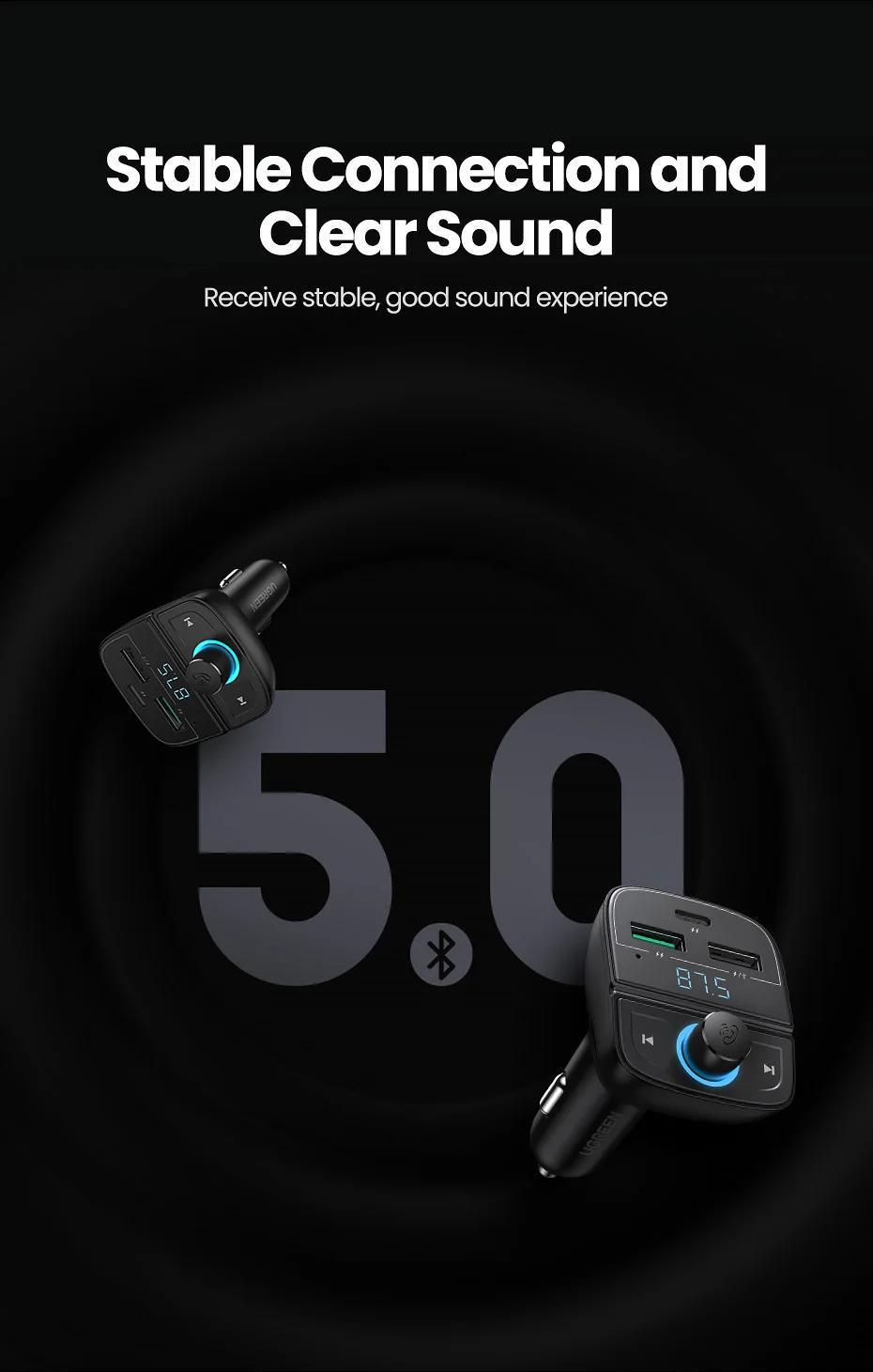 Адаптер UGREEN Bluetooth 5.0 FM-передатчик радио 2x Type-C/1x USB-A QC/PD 3.0 Hand-Free Черный (80910) - фото 7