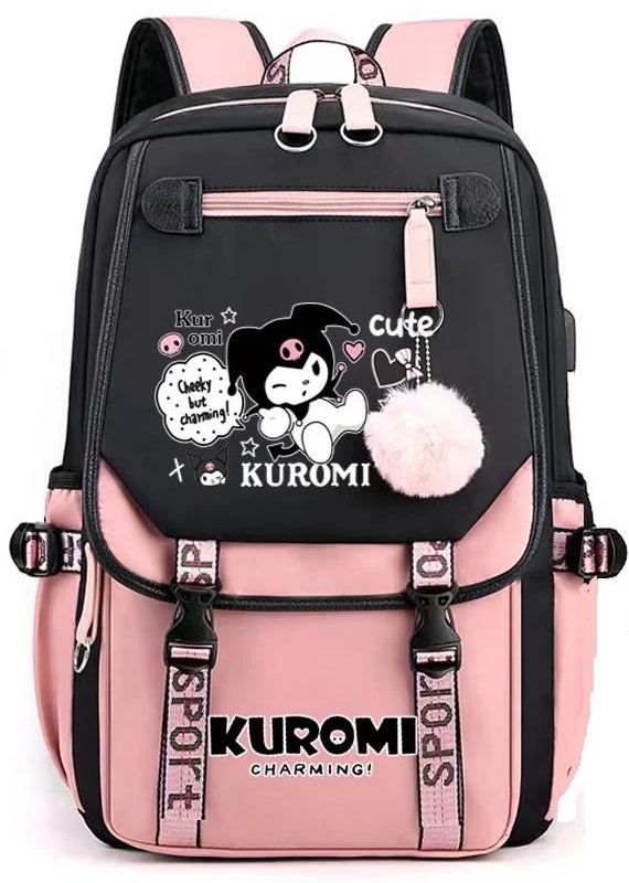 Школьный рюкзак для девочки в японском стиле Kuromi с USB-портом и меховым помпоном Pink (2492739195)