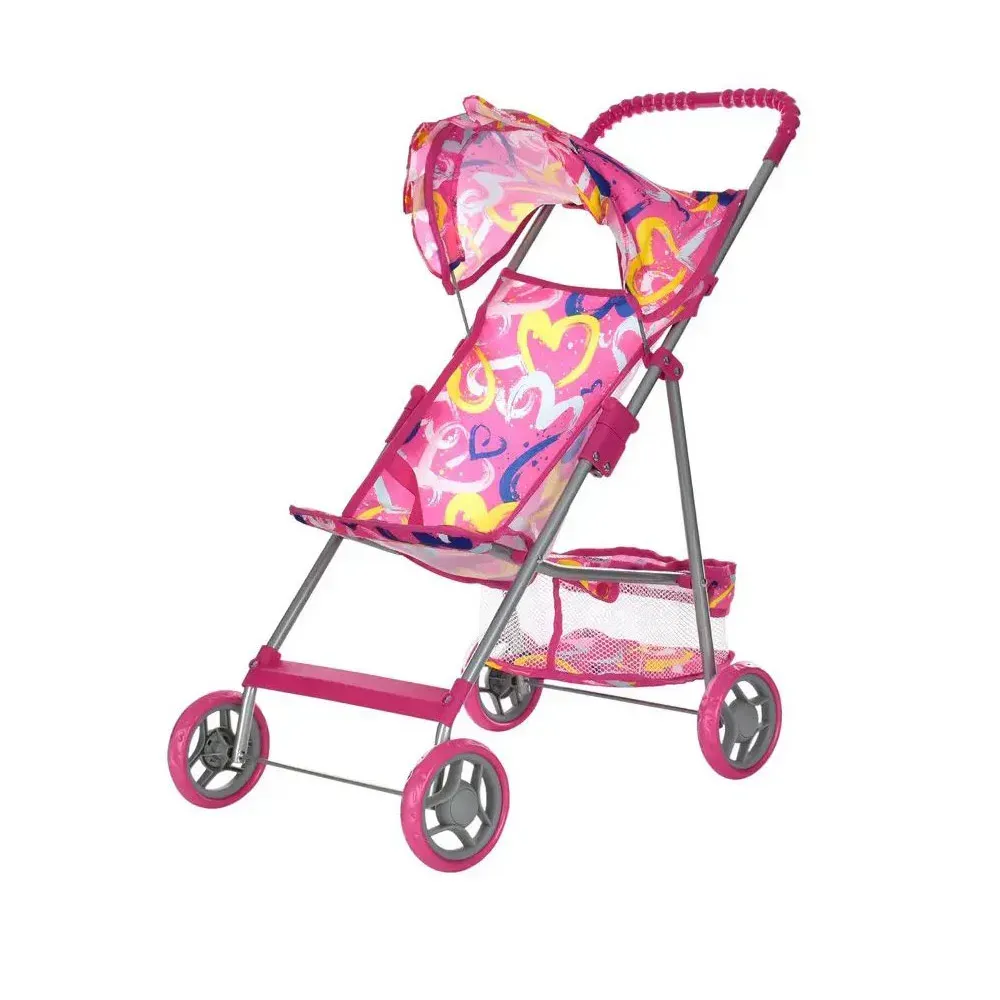Коляска для ляльок літня прогулянкова з металу та текстилю 63 см Рожевий з сердечками (150-98-9304.1)
