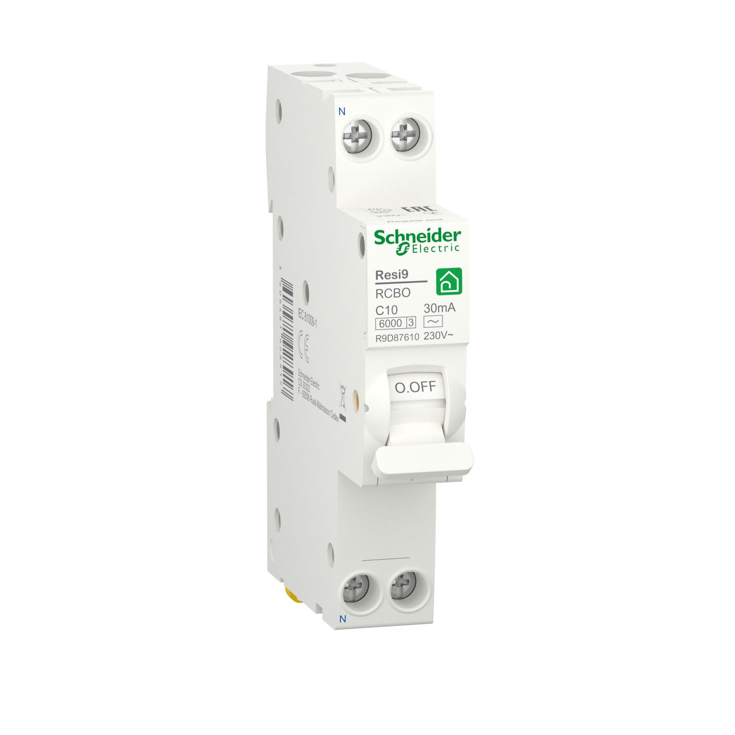 Дифференциальный автоматический выключатель Schneider Electric Resi9 6kA 1M 1P+N 10A C 30mA AC (R9D87610)