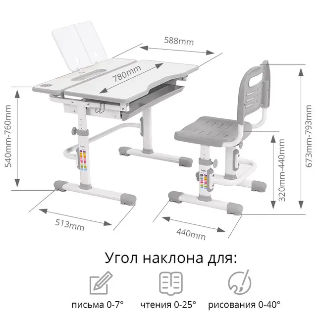 Комплект школьная парта и стул с регулировкой высоты Fundesk Cubby Botero с лампой и подставкой для книг Голубой - фото 3