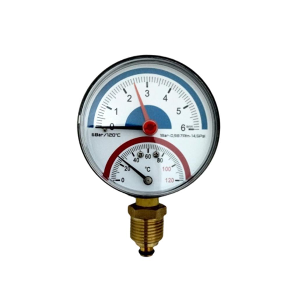 Термо манометр та термометр 1/2" d 80 мм 1-6 бар 120 °C нижнє підключення (324955) - фото 1