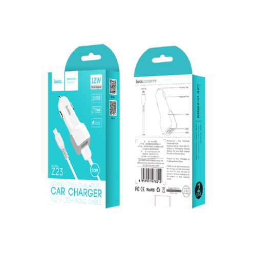 Адаптер автомобильный Hoco Lightning cable Z23 2USB 2,4 A White (544559) - фото 2 Адаптер автомобильный Hoco Lightning cable Z23 2USB 2,4 A White (544559) - фото 2