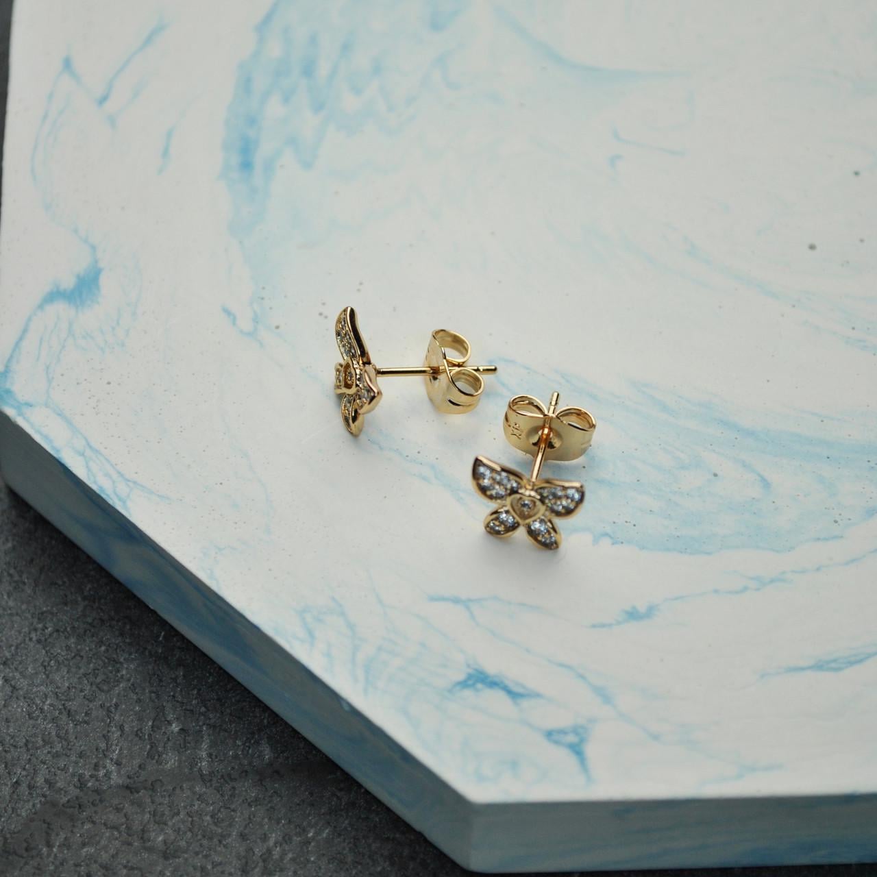 Сережки гвоздики Бабочки с цирконием медицинская сталь позолота (x100)