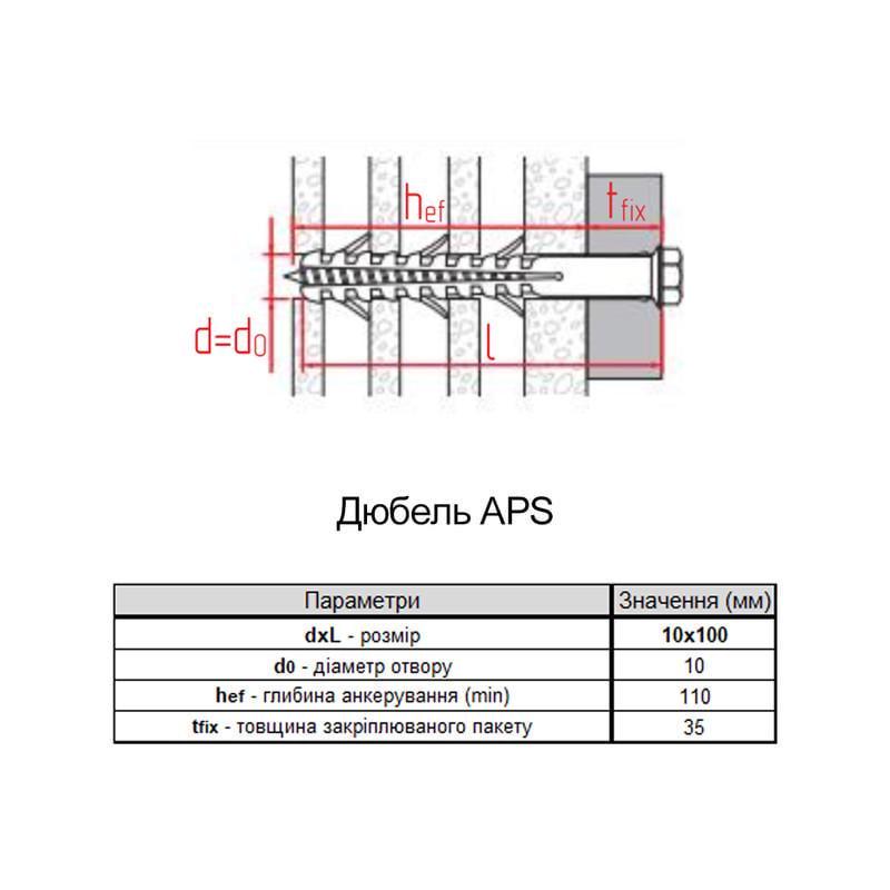 Дюбель Metalvis APS-H 10х100 притиск 35 мм нейлон з шестигранним гвинтом 50 шт. (92A20000092A2X0A0E) - фото 2