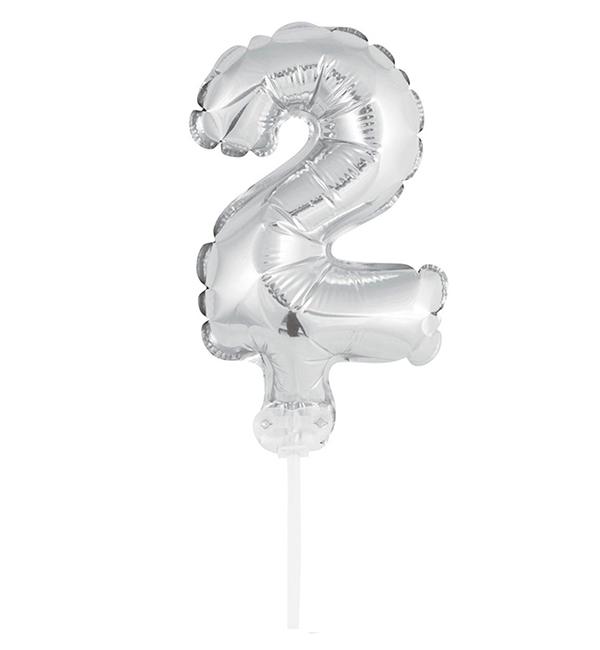 Шарик Цифра в торт "2" 13 см Серебреный
