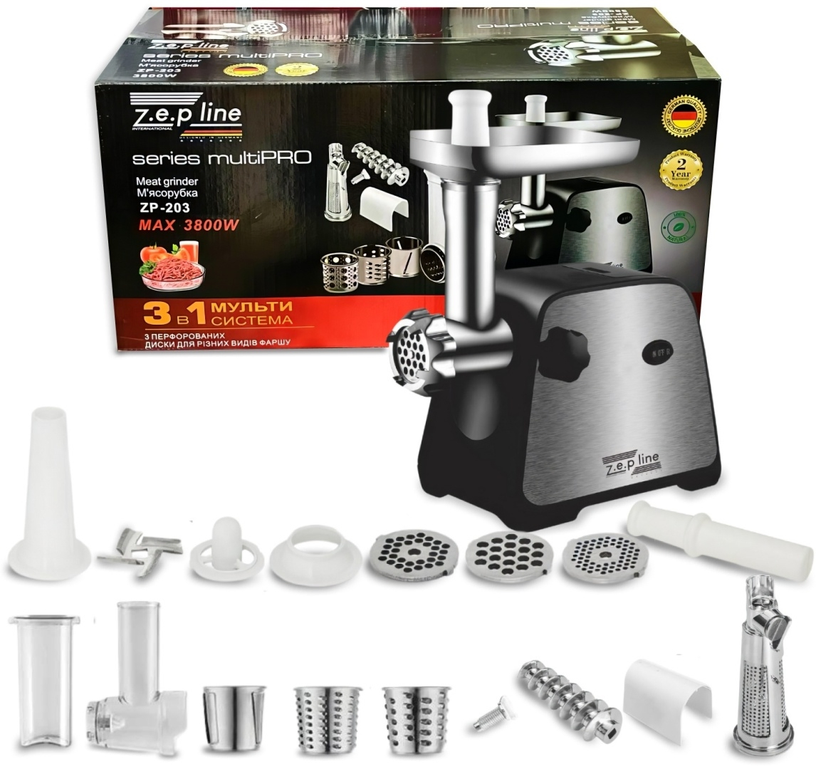 Электромясорубка ZepLine ZP-203 3в1 3800 Вт соковыжималка насадки для колбас и шинковки (ML-04561)