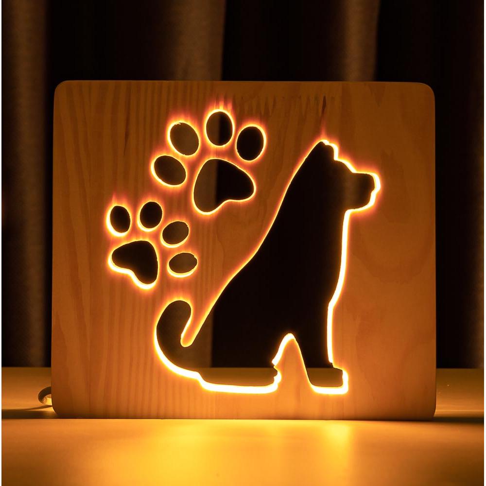 Ночник из дерева ArtEco Light LED Пес и следы с пультом Белый теплый (1020378)