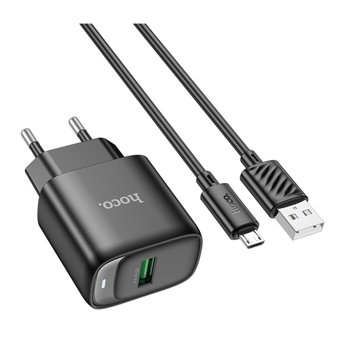 Зарядний пристрій Hoco C140A Smart single port QC3.0 charger set USB to MicroUSB EU Black (6942007627801)