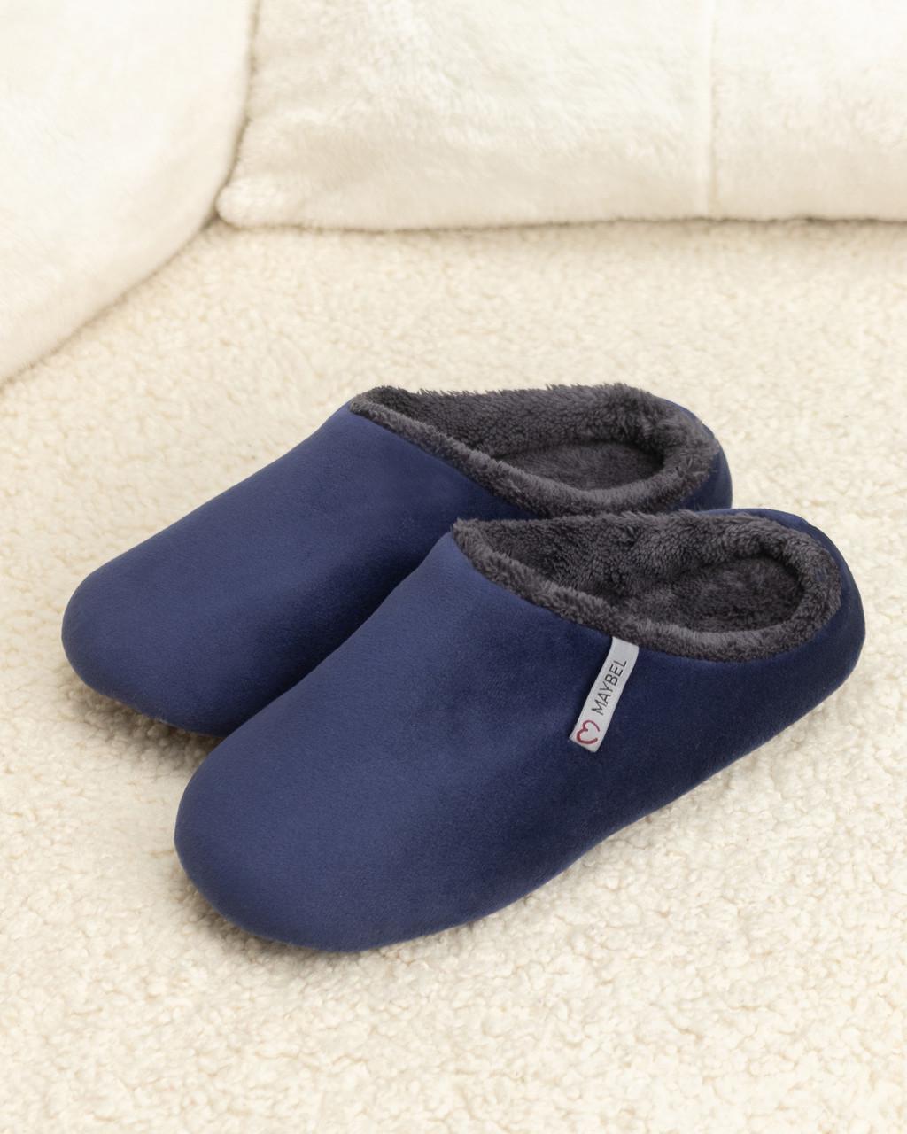 Тапочки домашние велюровые утепленные закрытые Темно-синий/Графитовый (2133870666)