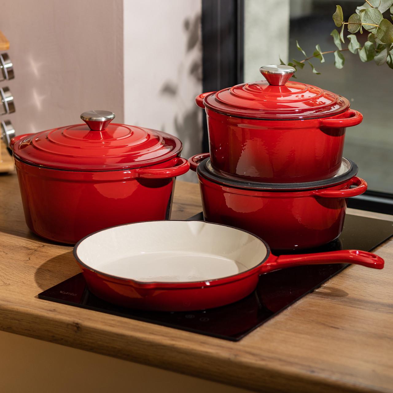 Набор чугунной посуды с эмалированным покрытием сковорода/3 кастрюли Красный (6816) - фото 9 Набор чугунной посуды с эмалированным покрытием сковорода/3 кастрюли Красный (6816) - фото 9