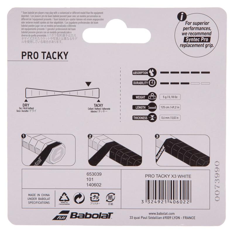 Обмотка на ручку ракетки Overgrip BABOLAT BB653039-101 PRO TACKY x3 TENNIS GRIP U-SEX WHT 3 шт. Белый (NA002745) - фото 4