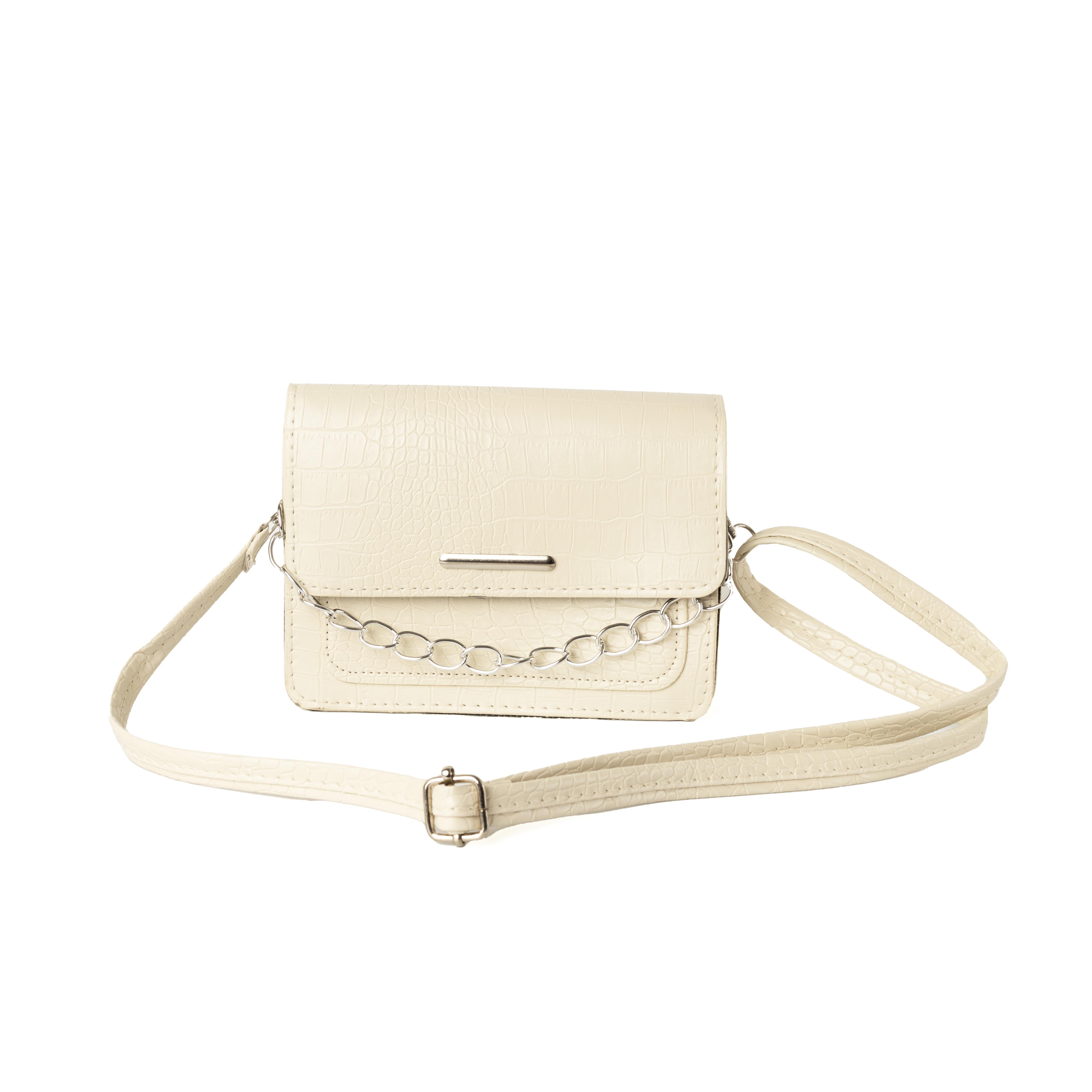 Сумка клатч женская из искусственной кожи под крокодила с цепочкой и ремешком маленькая Молочный