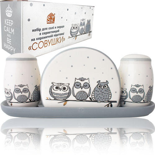 Набор емкостей для соли и перца SNT Совушки с салфетницей на подставке 22х7х8,5 см (6912-18)