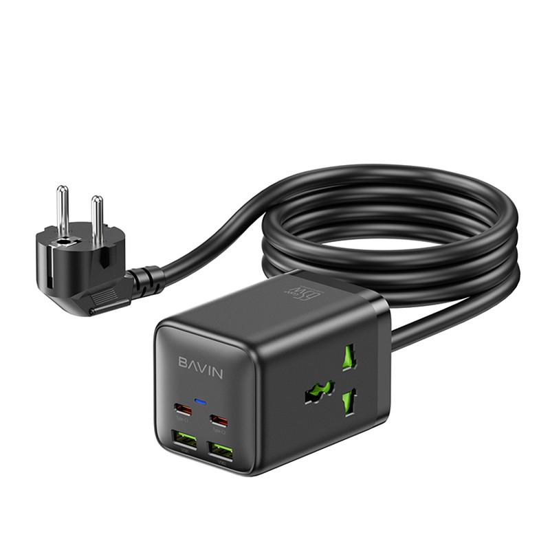 Зарядное устройство BAVIN PC2026Y 65W GaN Super Quick Charger QC4.0 2 PD3.0 Type-C/2 USB-A 3A PPS/2 AC 250V 2500W 1,5 м Black (CS-PC2026Y-BK)