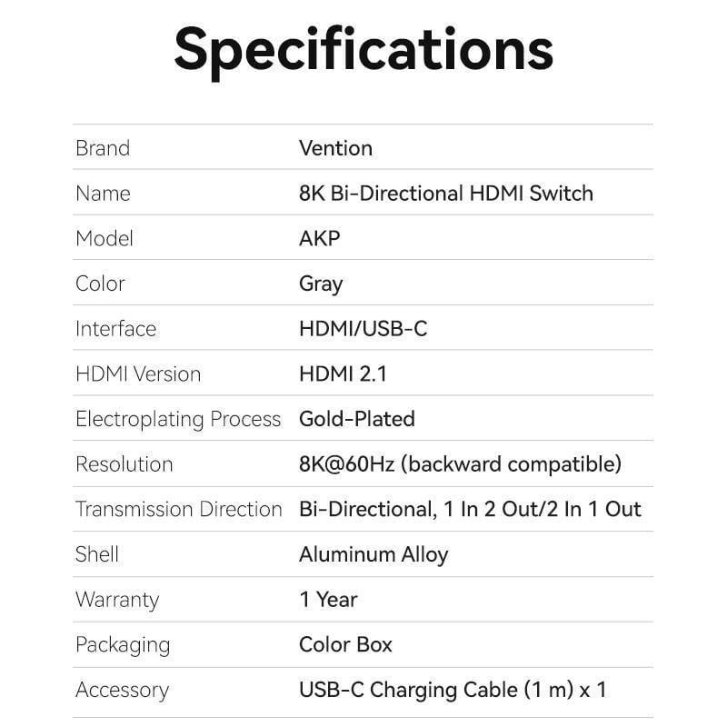 Перемикач Vention HDMI 2.1 8K 60Hz, 4K 120Гц двонаправлений 8K Switcher Сірий (AKPH0) - фото 8