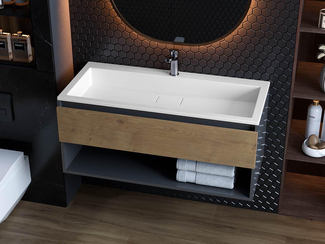 Тумба подвесная для ванной комнаты Luxor Bianko 100 Дуб с умывальником Imperio Low 100 см Коричневый/Антрацит (36603108)