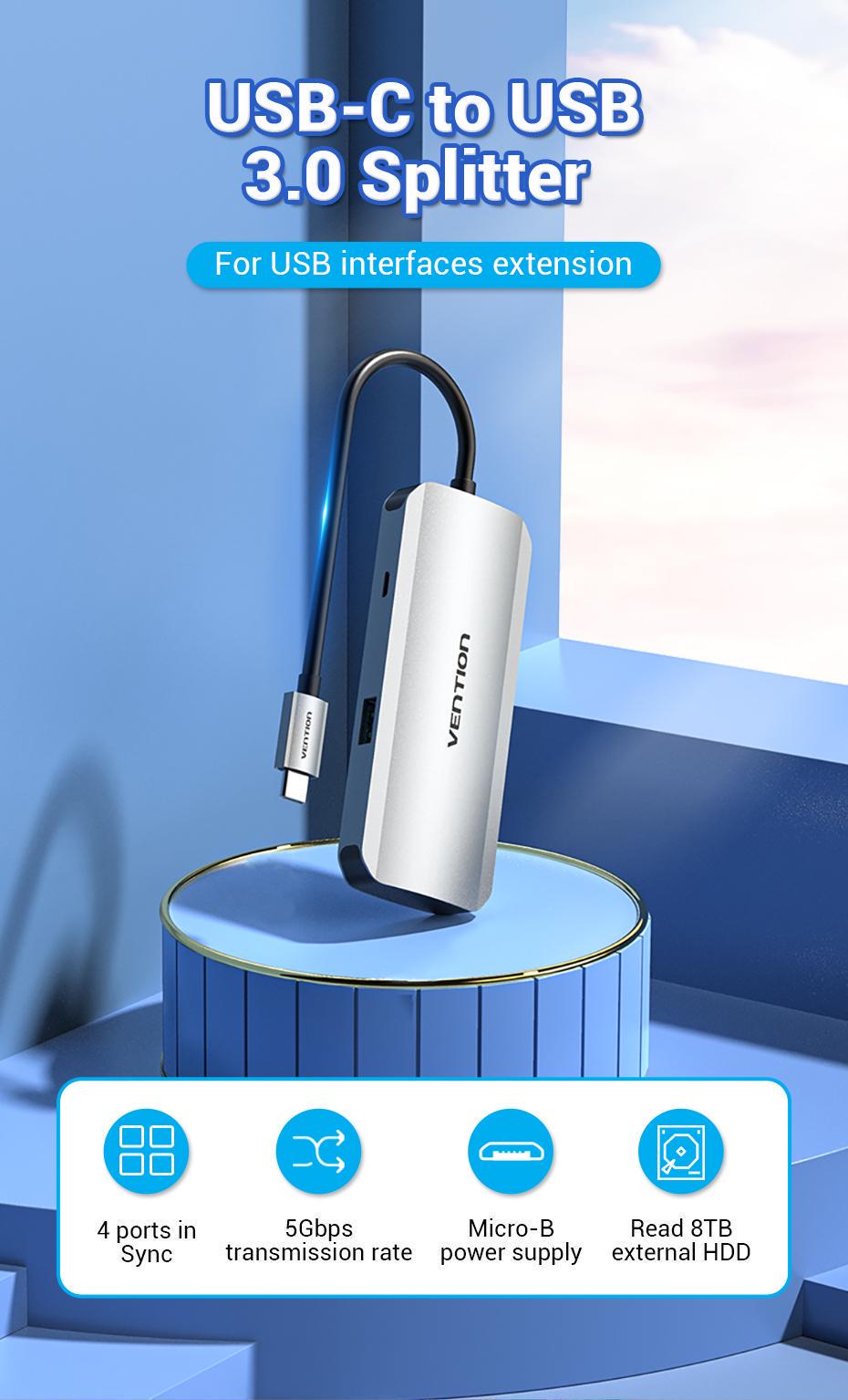 USB-хаб Vention Type-C-4x USB 3.0/Micro-USB/5 Гбит/с USB-C через Micro-B металлический Серый (TNAHB) - фото 2