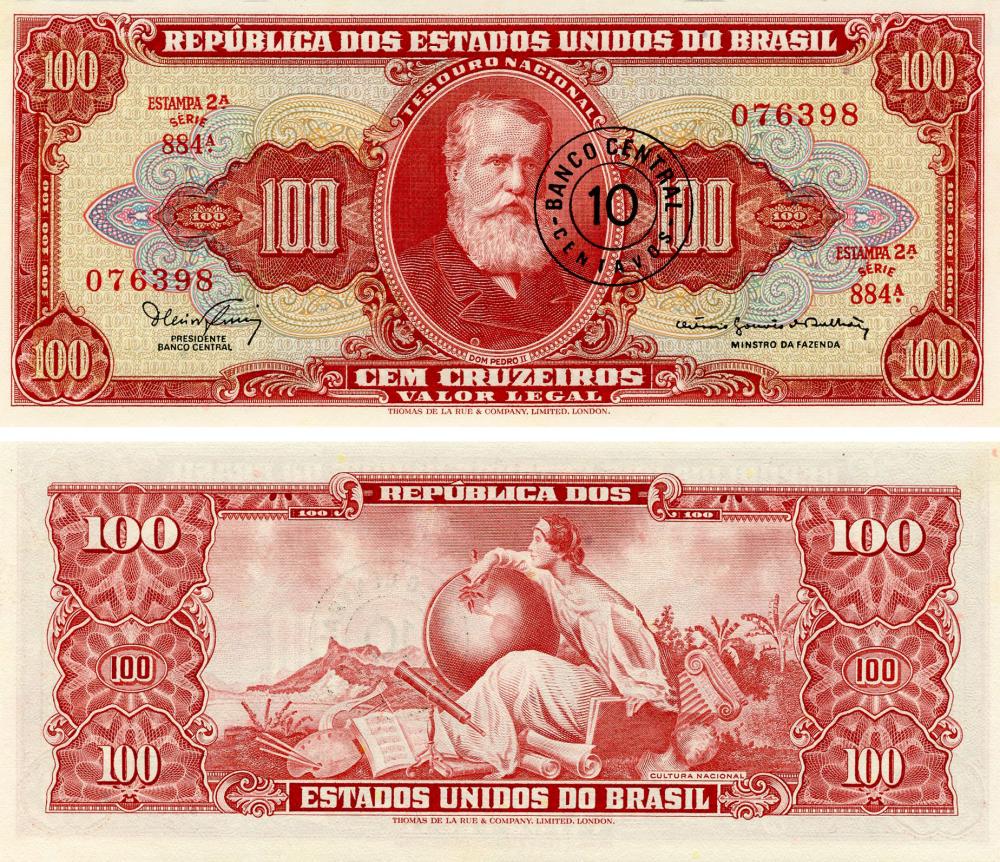 Коллекционная банкнота Бразилия 10 сентаво 1966-1967 UNC Штамп на банкноте 100 крузейро P185 (Б16378)