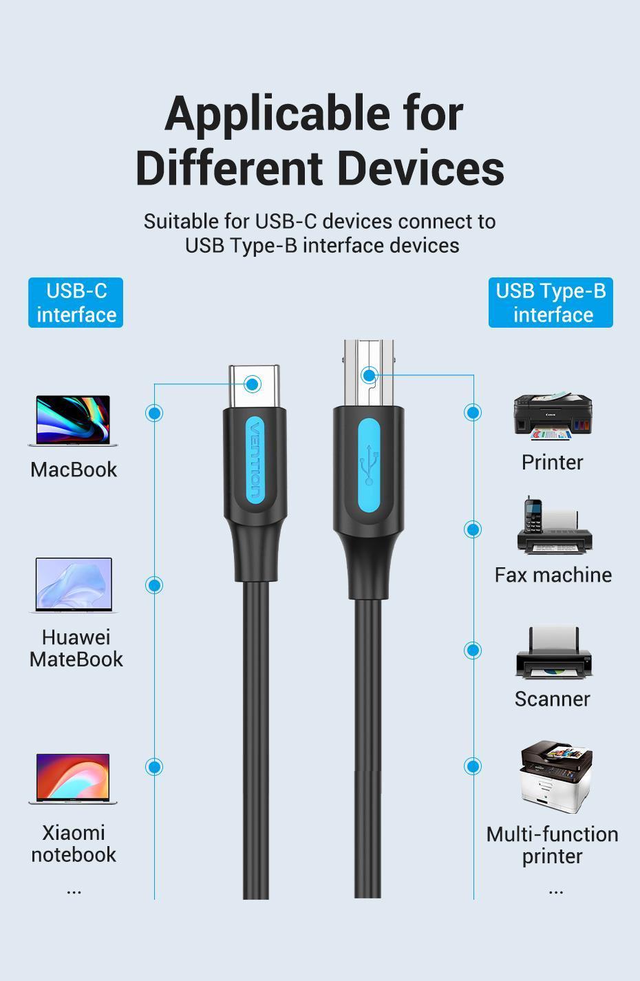 Кабель для принтера Vention Type-C-USB Type-B 2.0 5V/2A 480 Мбіт/с USB-C на USB-B 2 м Чорний (CQUBH) - фото 3