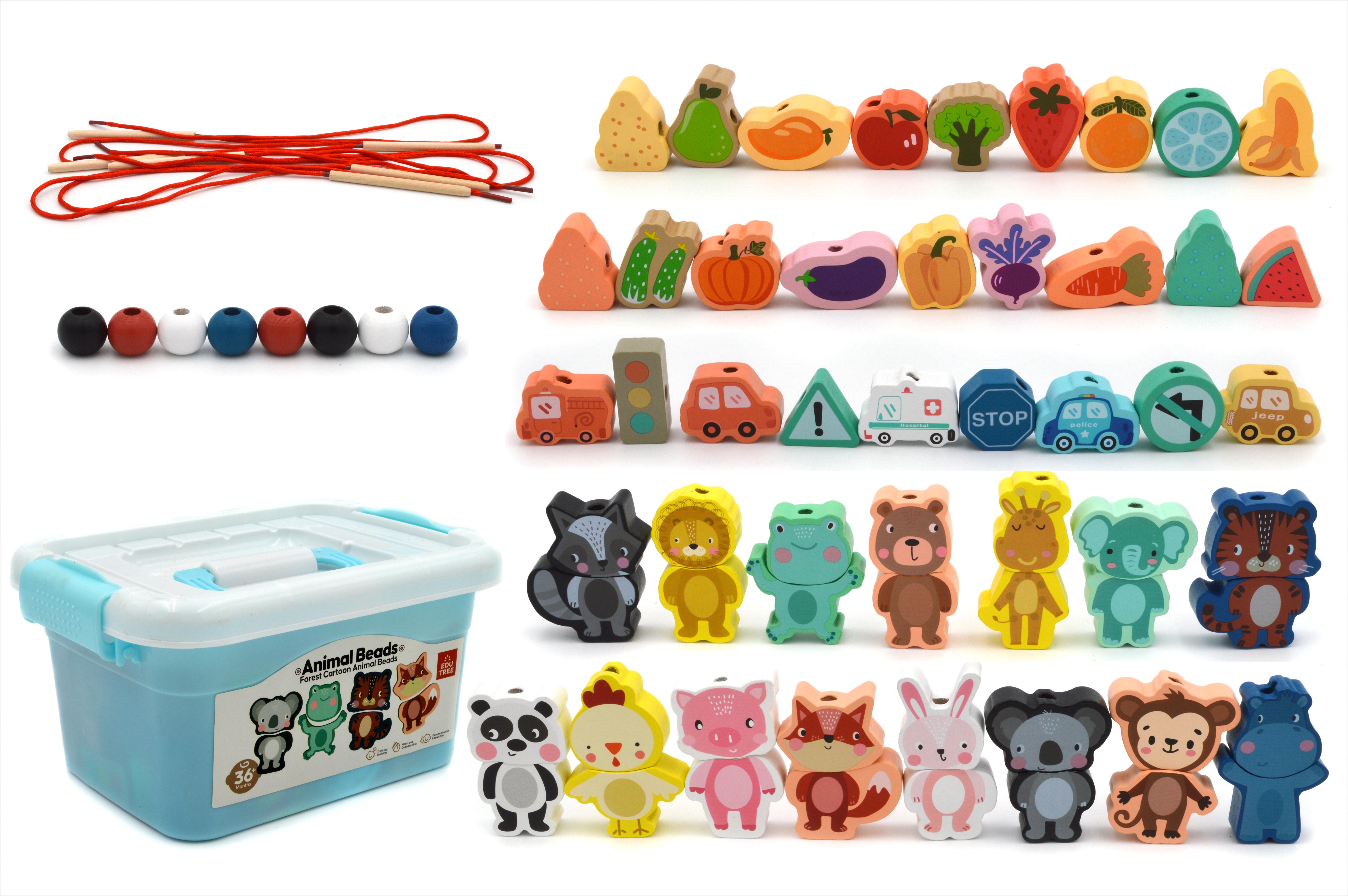 Шнурівка дерев'яна тварини/транспорт/намистинки/овочі/фрукти (74433)