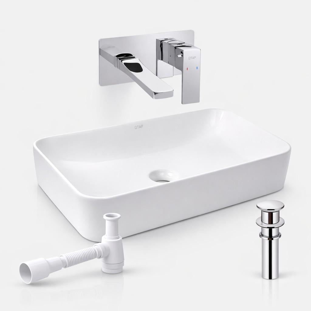 Комплект для ванной Qtap Tern 610×350 White накладная раковина/смеситель скрытого монтажа Gemini Chrome/донный клапан PU02/сифон