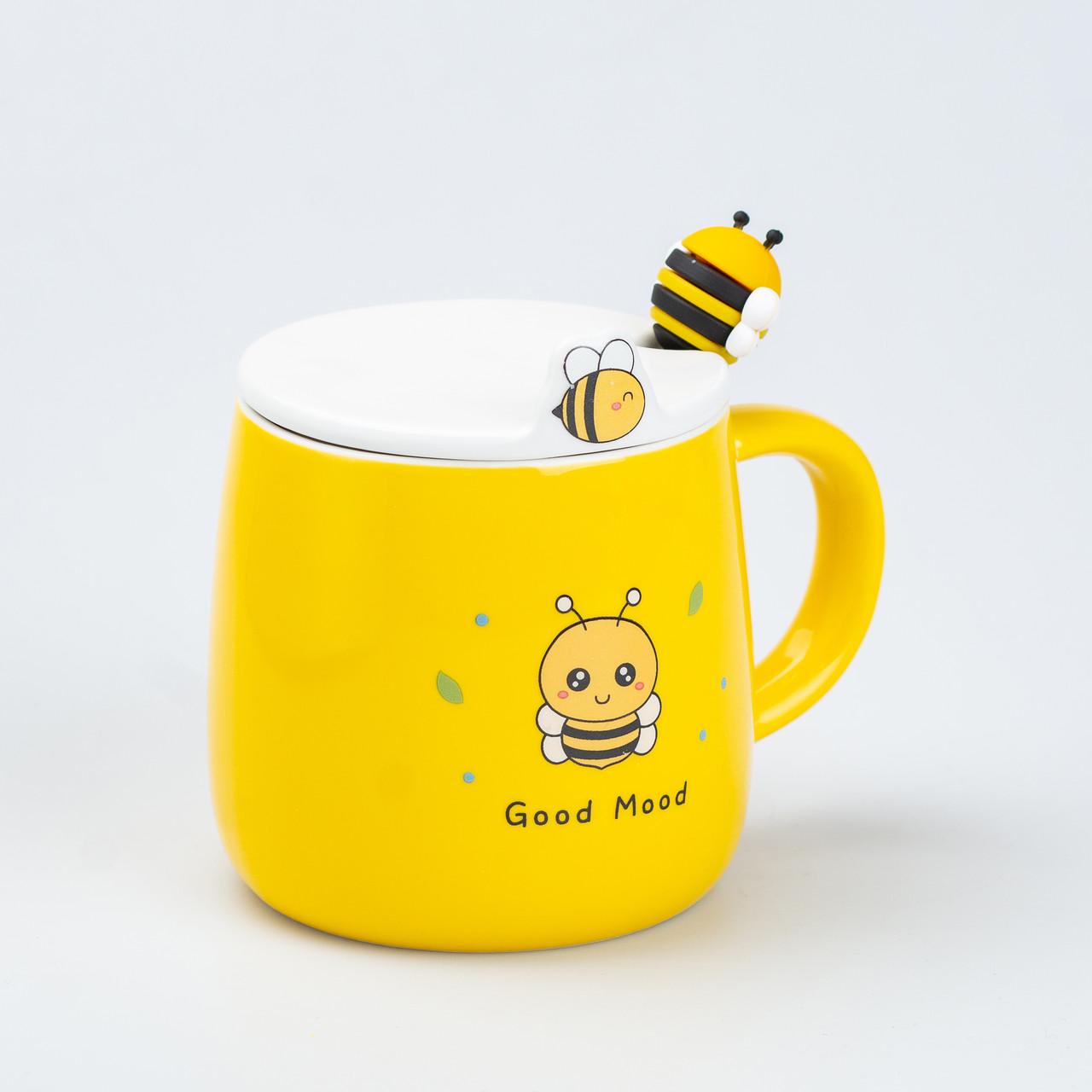 Чашка керамічна Bee good mood з кришкою та ложкою 450 мл (HP7199) - фото 3