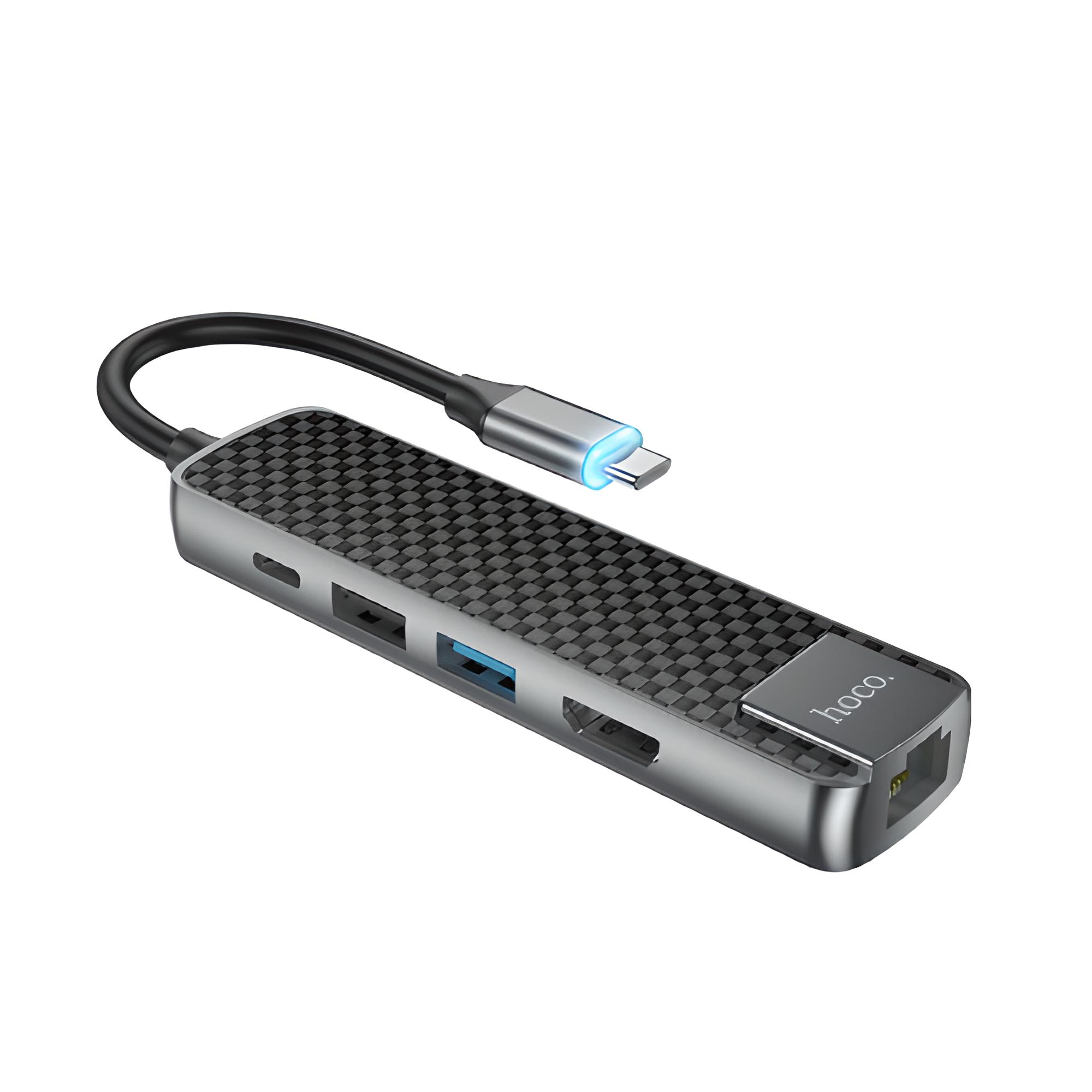 Адаптер HUB HOCO Type-C 4KHDMI LAN 1USB 3,0 1USB2,0 PD 60 W 3 A Grey